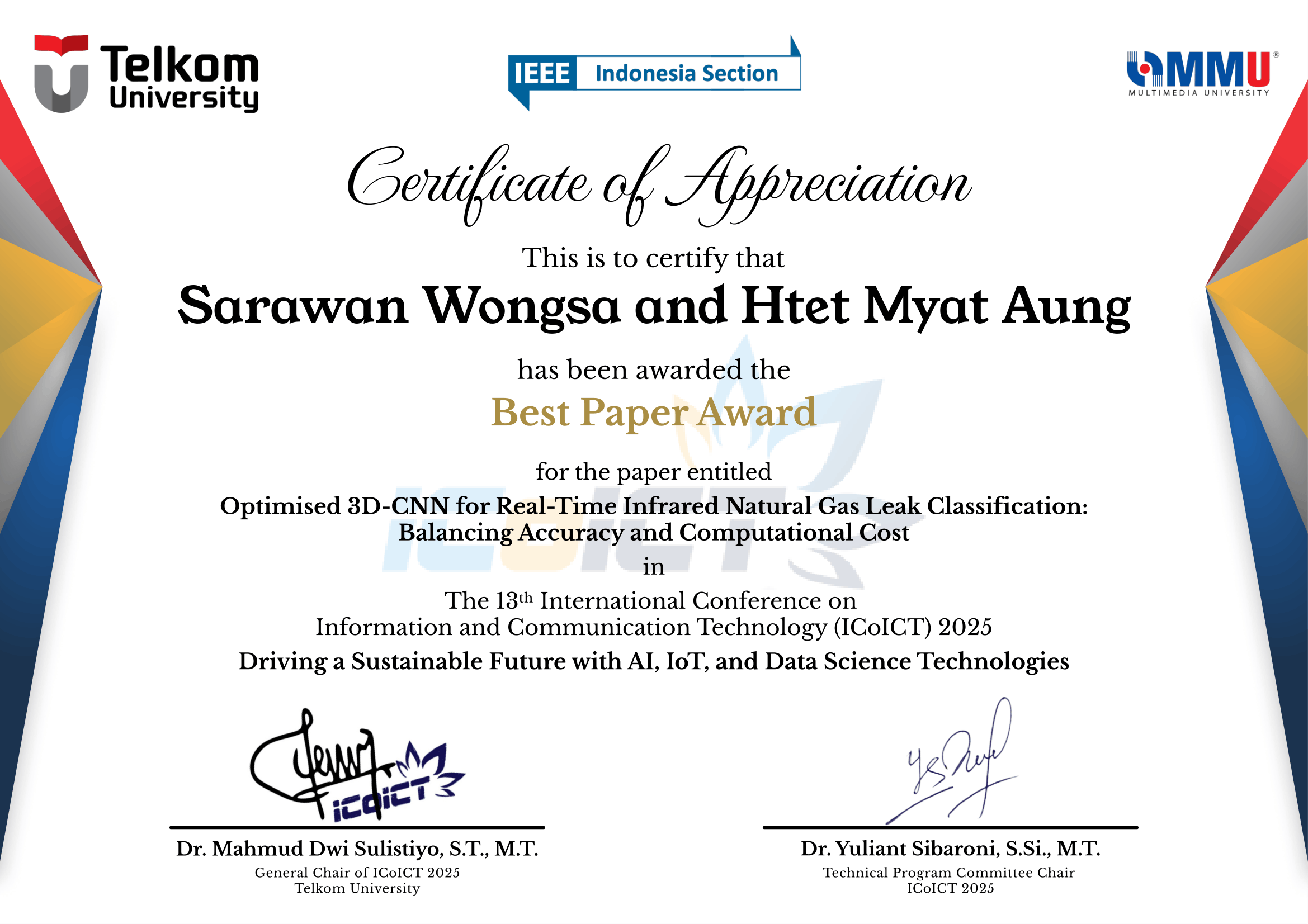 ICoICT 2025 certificate awarding the Best Paper Award to Sarawan Wongsa and Htet Myat Aung for the paper Optimised 3D-CNN for Real-Time Infrared Natural Gas Leak Classification