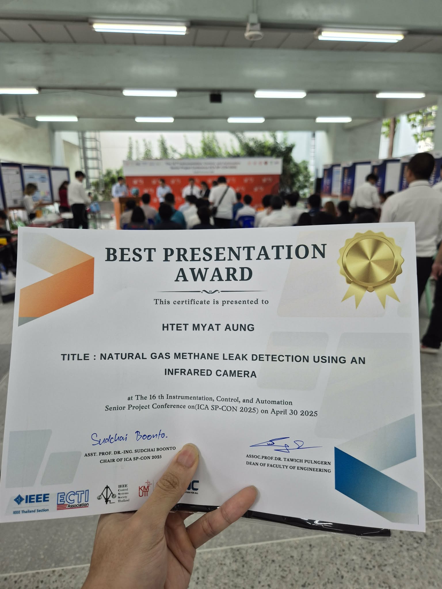 Best Presentation Award certificate at ICA-SP Con 2025 for Natural Gas Methane Leak Detection Using an Infrared Camera