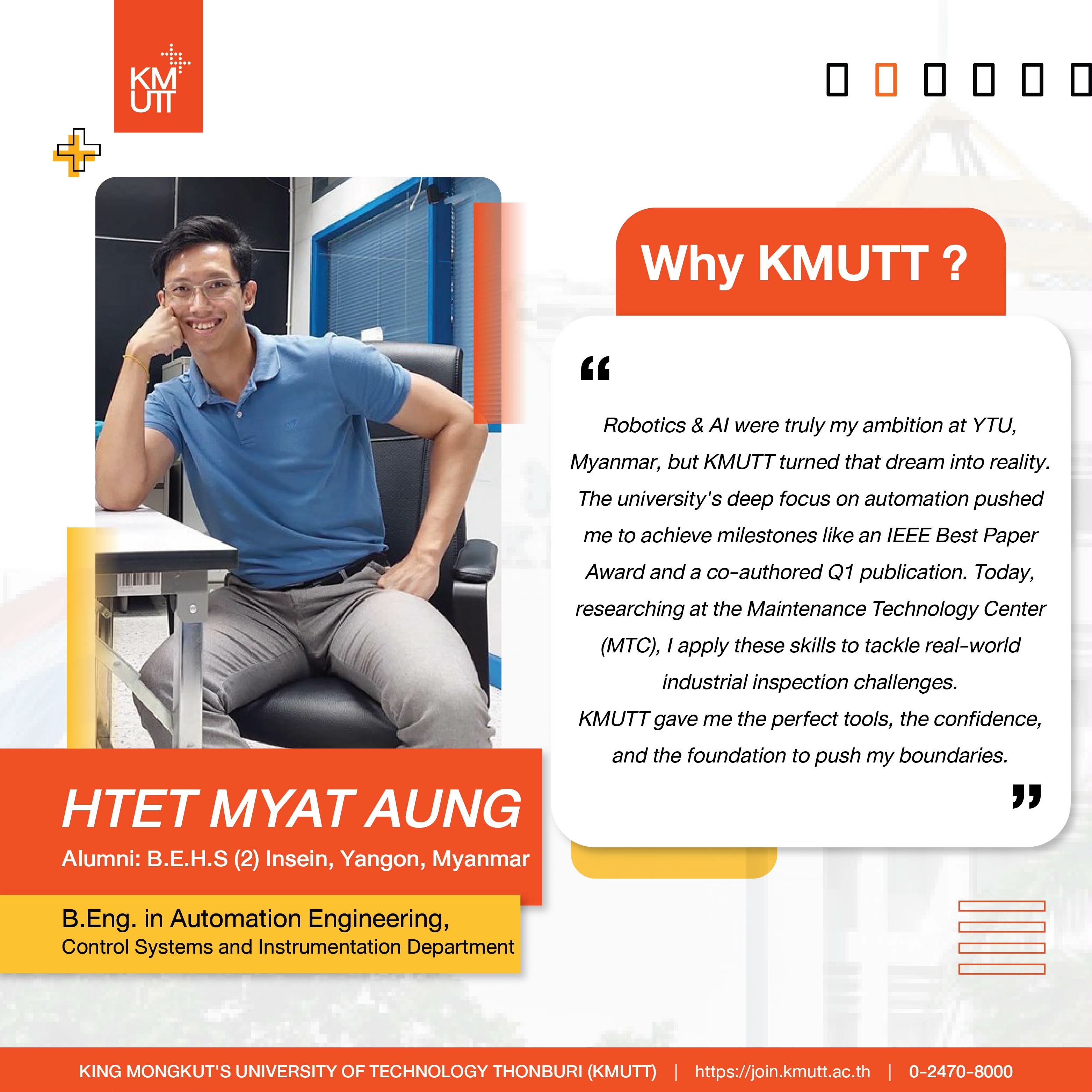 KMUTT 'Why KMUTT?' alumni feature card for Htet Myat Aung, B.Eng. in Automation Engineering, Control Systems and Instrumentation Department
